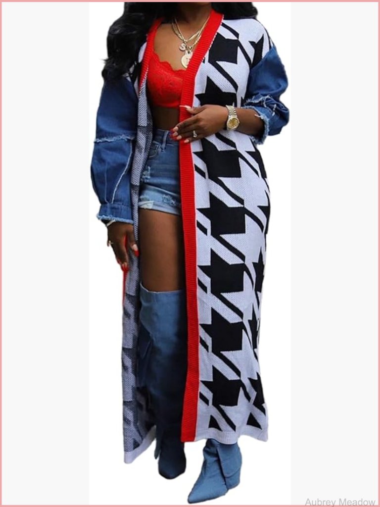 Color Block Long Cardigan With Puffy Denim Sleeves